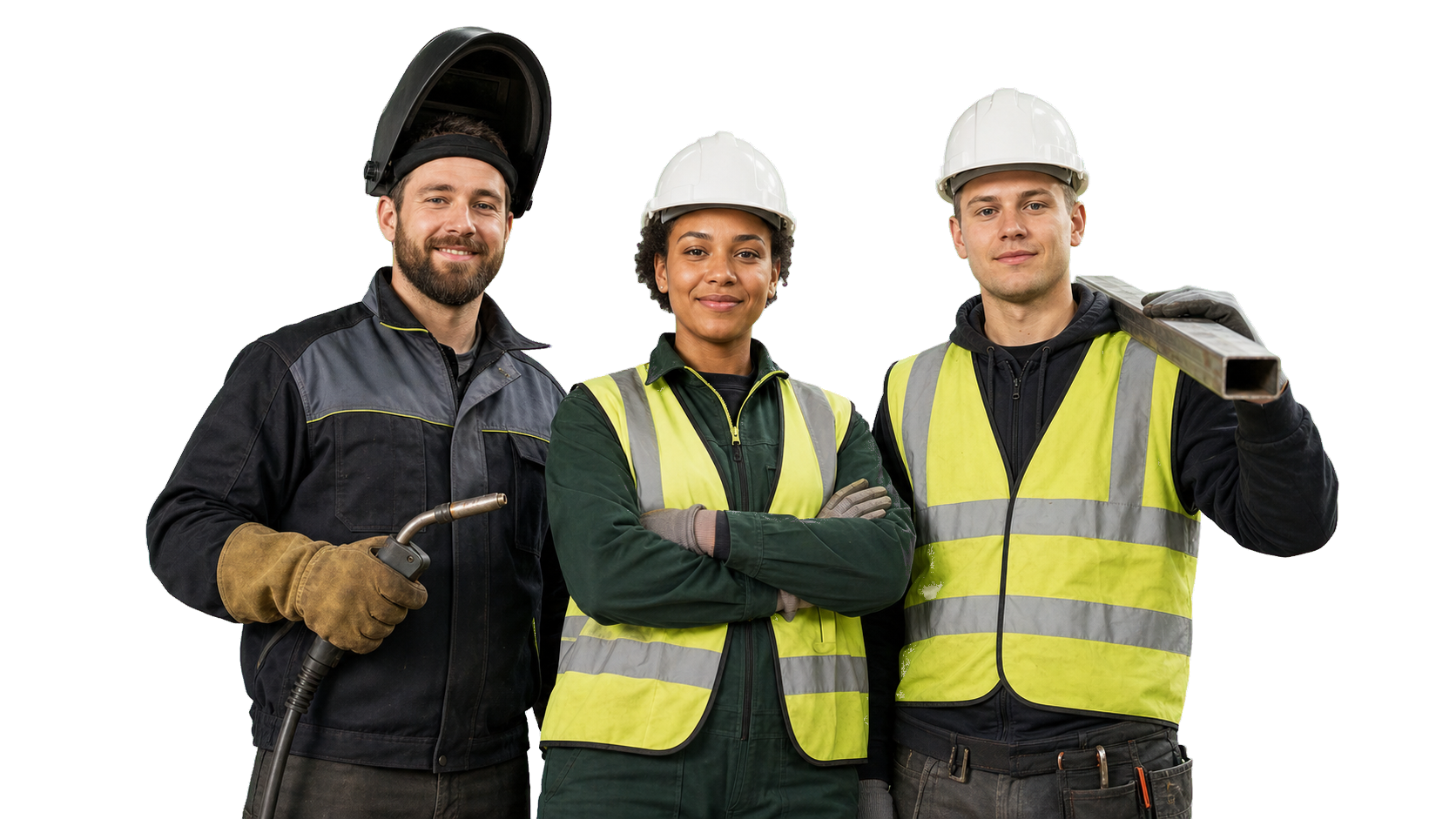 Three skilled industrial workers ready for Steelcrew assignments